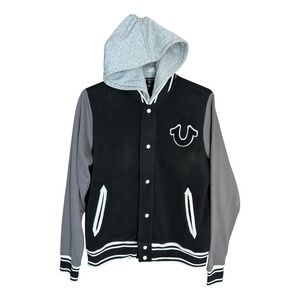Men's Sz XL True Religion Fleece Hooded Varsity Jacket Black Gray Hooded